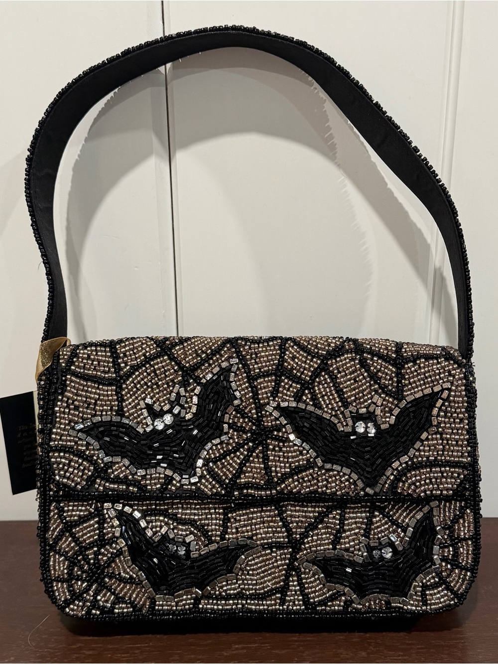 Beaded Bat Motif Shoulder Bag - Black & Gold-Tone